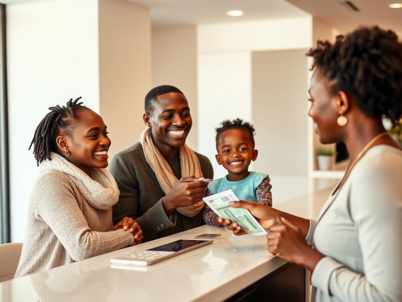 Famille effectuant un transfert d'argent au guichet
